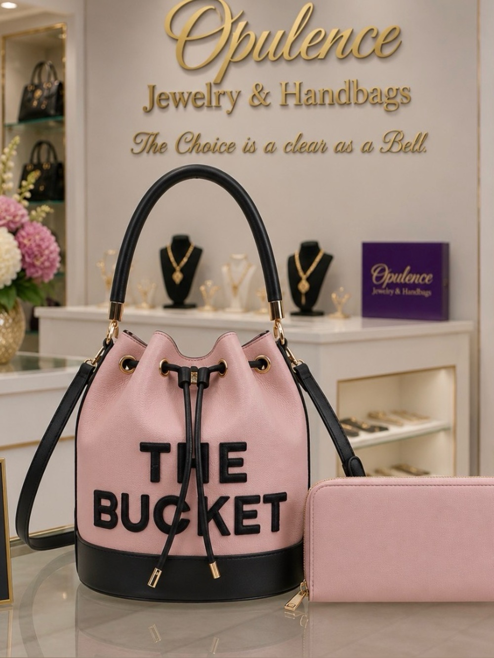 THE BUCKET Pink & Black Drawstring Bucket Bag with Wristlet